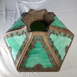 1920s Edward Miller EM & Co Lamp Co Two Tone Caged Slag Glass Shade Table Lamp