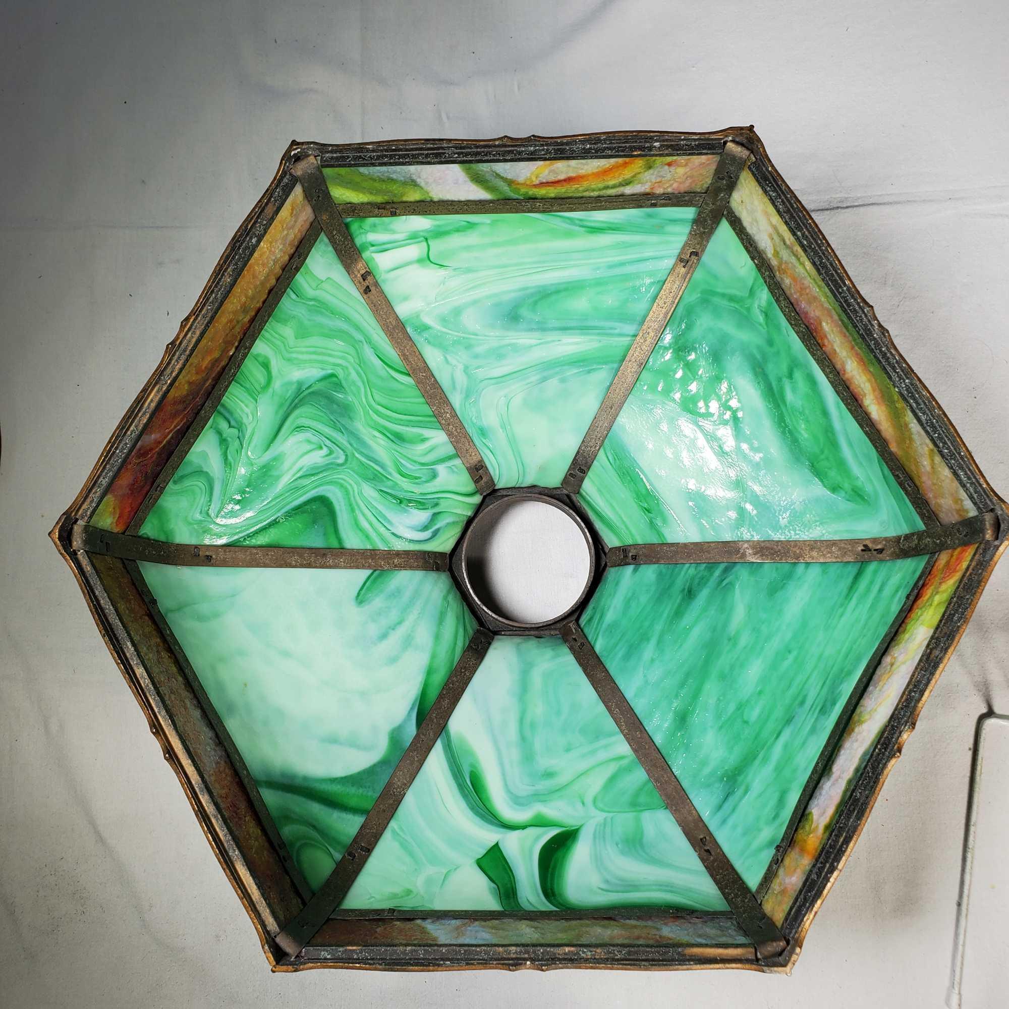 1920s Edward Miller EM & Co Lamp Co Two Tone Caged Slag Glass Shade Table Lamp