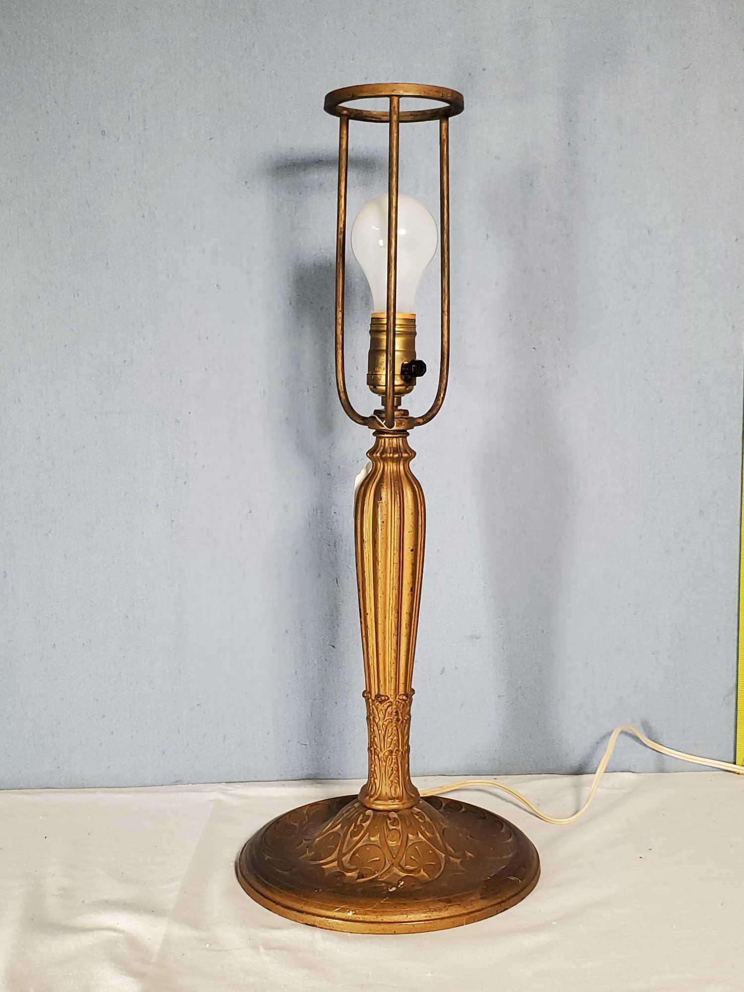 1920s Edward Miller EM & Co Lamp Co Two Tone Caged Slag Glass Shade Table Lamp