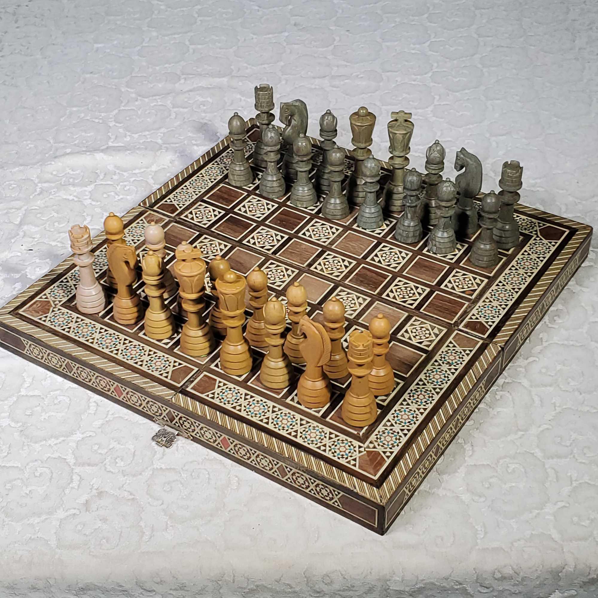 Moroccan Inlay Chess Board with Stone Pieces and Backgammon Interior Storage
