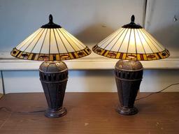 Pair of Dale Tiffany, Inc Arts and Crafts Inspired Stained Glass Table Lamps