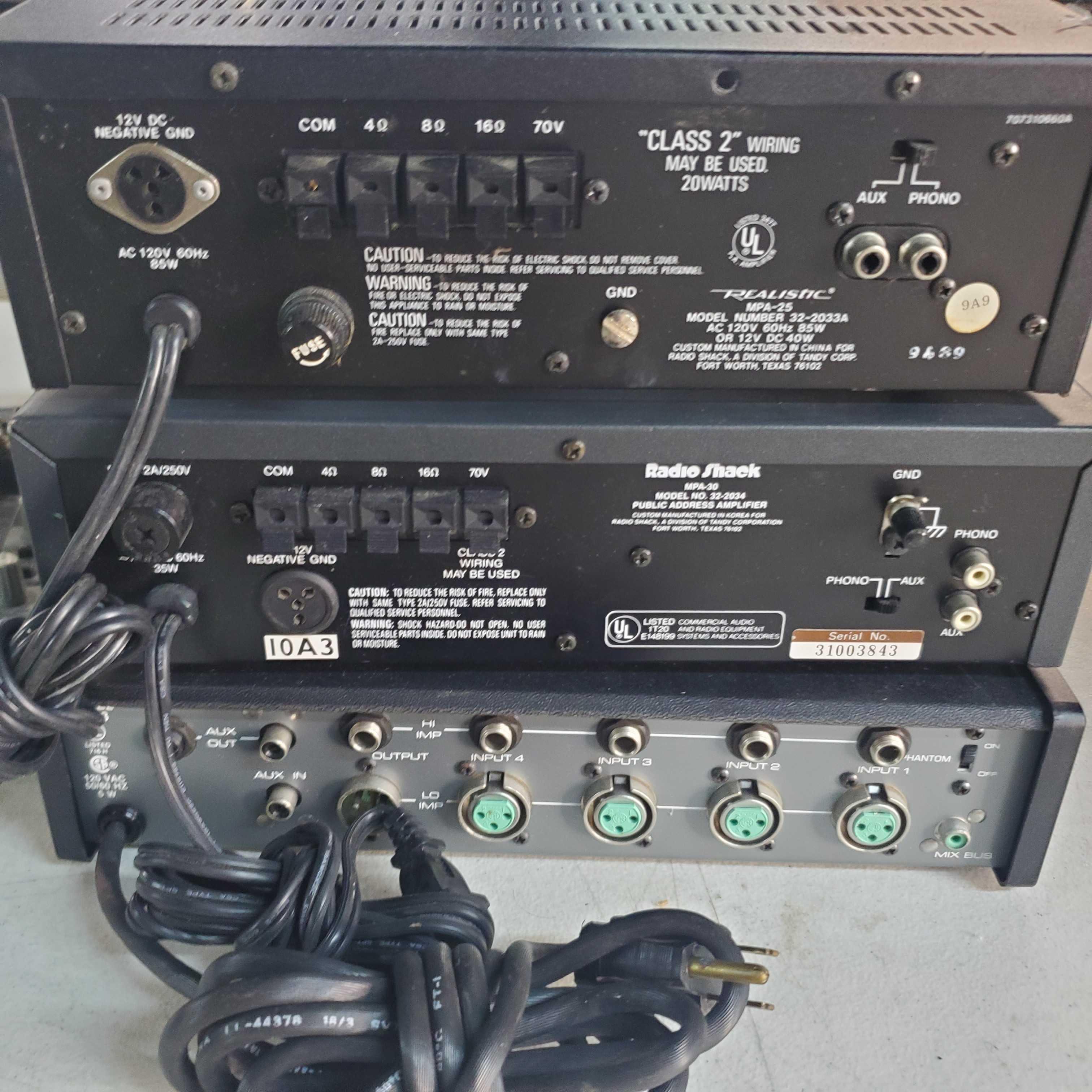 Lot Of 2 Amps & 2 Mixers Realistic, Radio Shack, Behringer And Shure