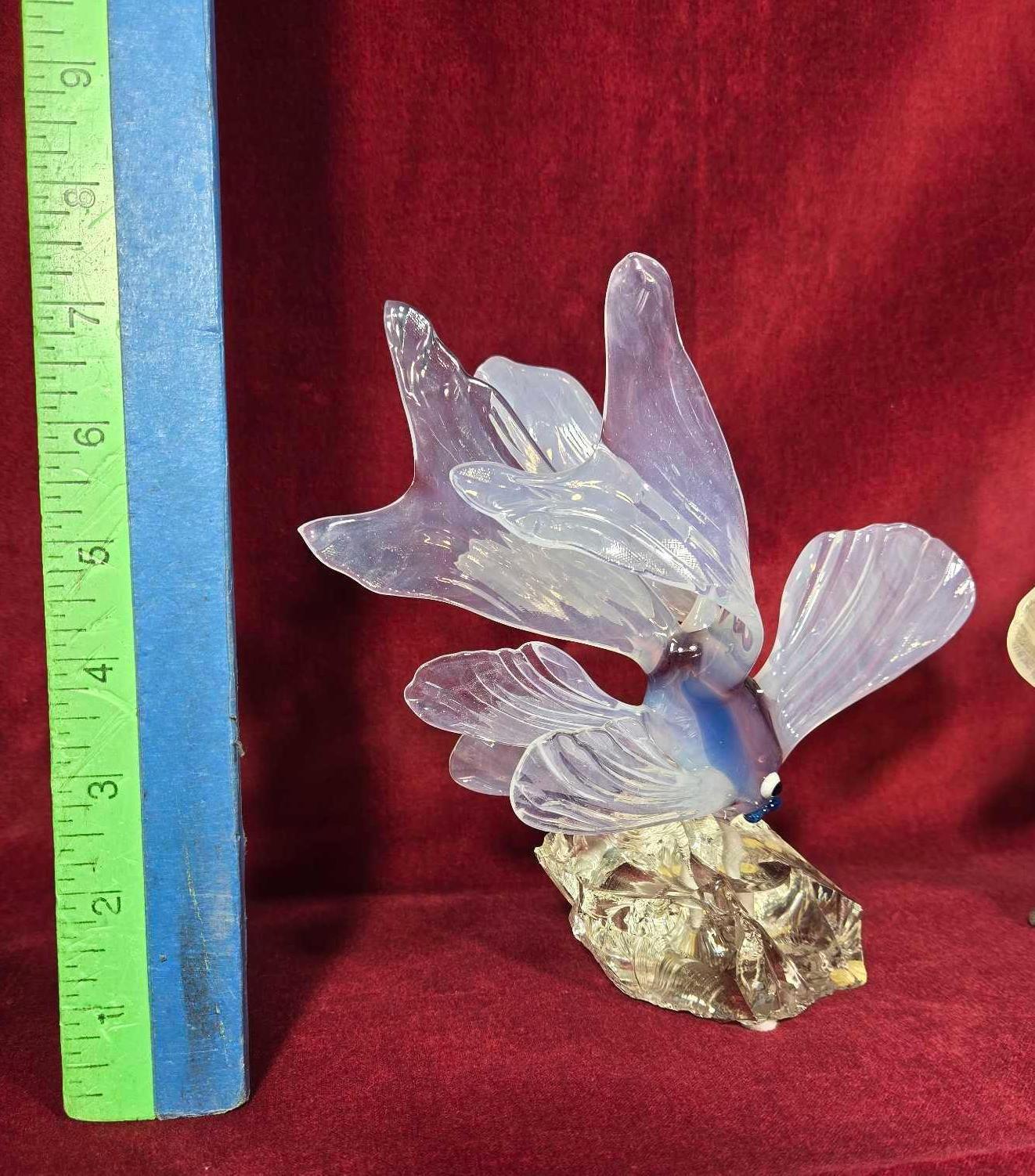 Beautiful Pair of Hand Blown Art Glass Fish On Natural Design Crystal Bases