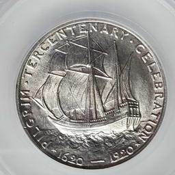 MS quality 1920 Pilgrim Commemorative Half Dollar, 1938-D Buffallo Nickel and 1974 Eisehower Dollar