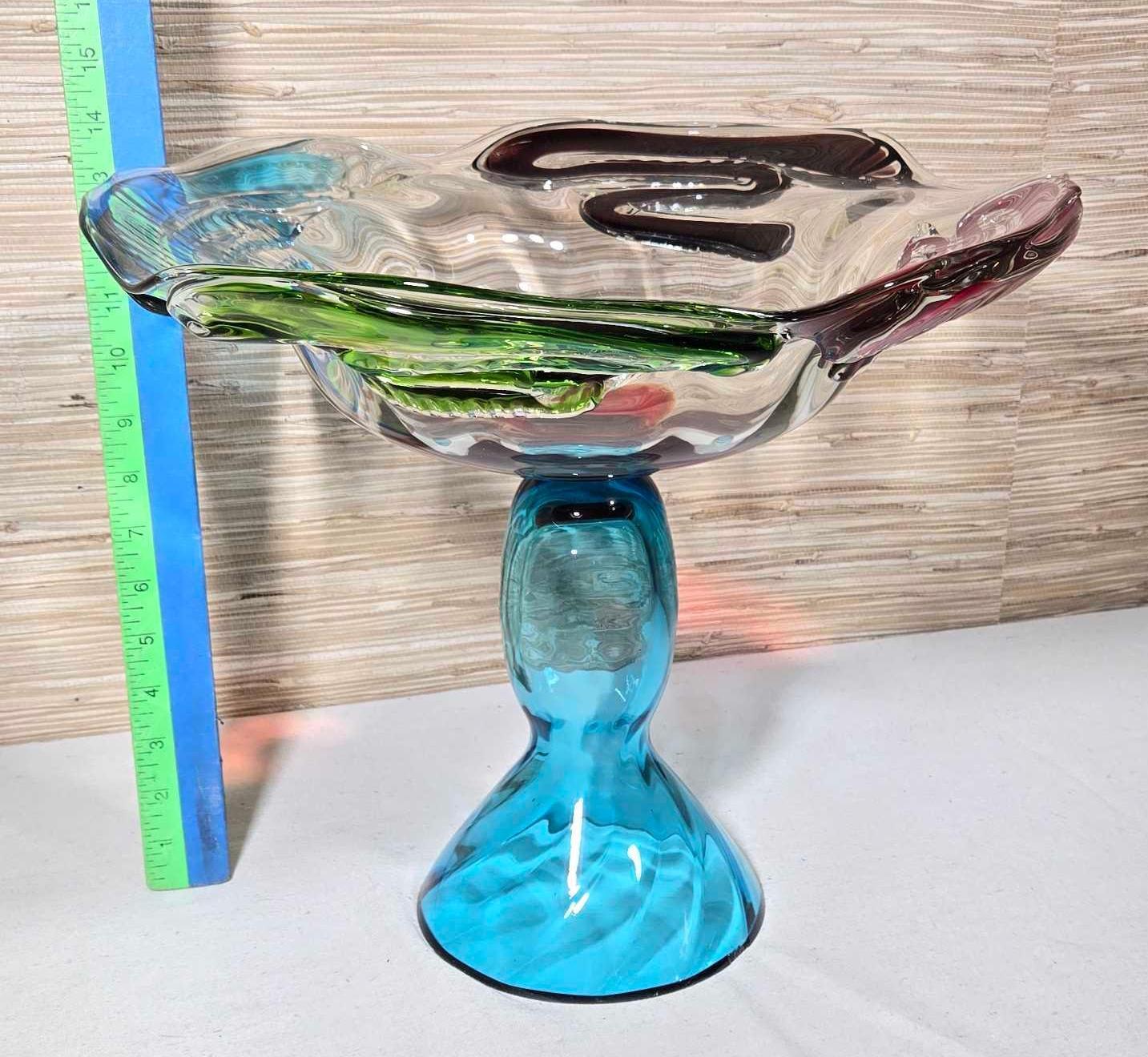 Large Art Glass Vase & Footed Center Compote