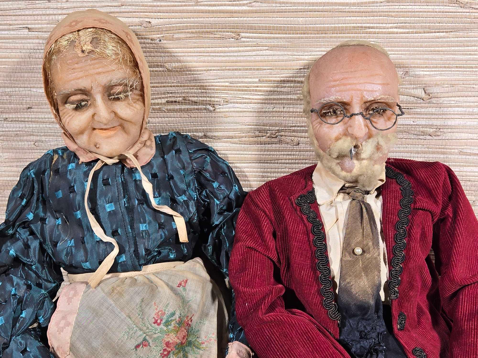 Pair Of Antique French Wax Head Grandmother And Grandfather Doll With Original Clothing