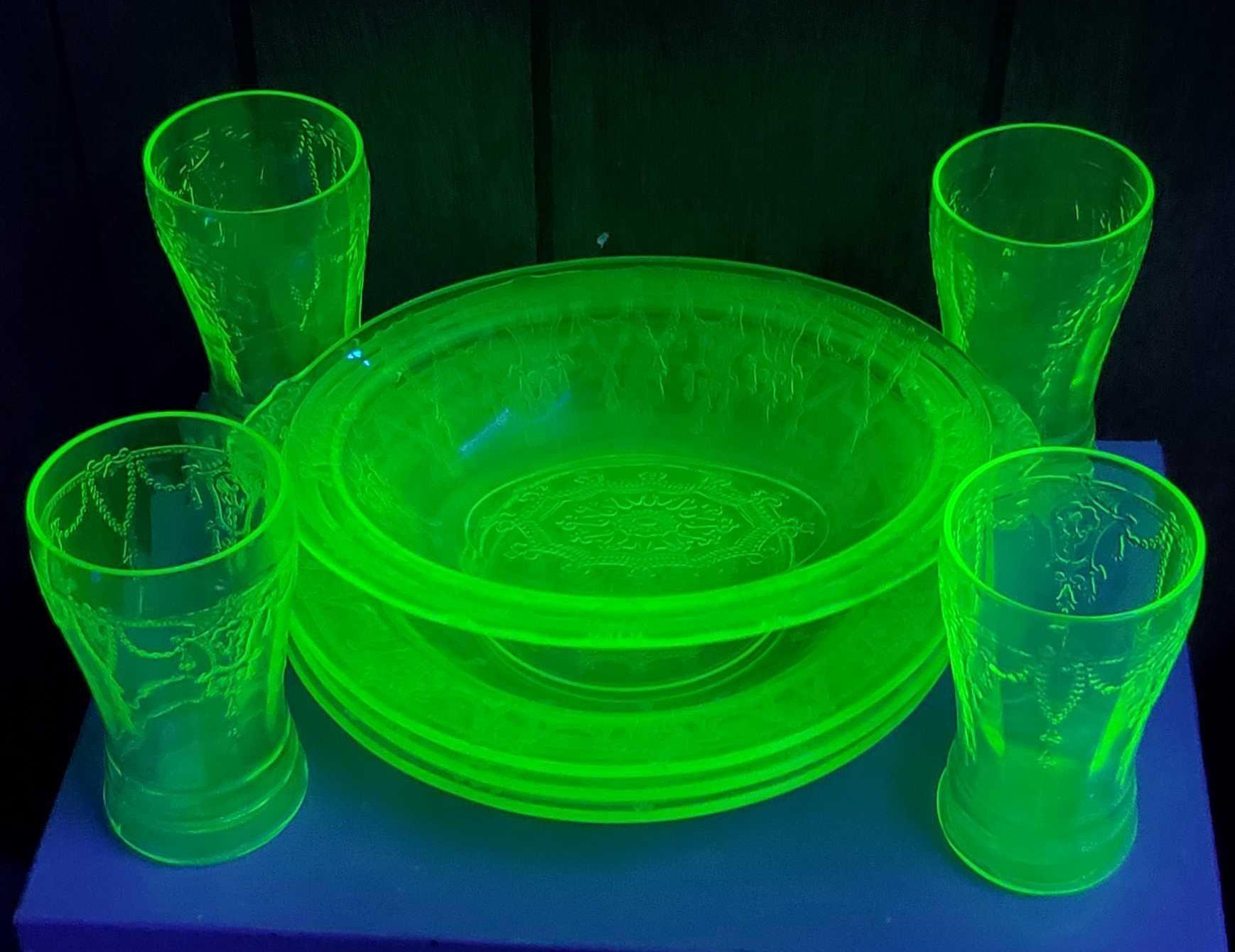 Collection Of Anchor Hocking Cameo Dancing Ballerina Green Depression Uranium Glass Tablewares