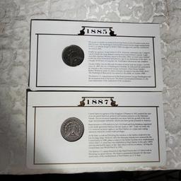 3 US Silver Dollars on Info Display Cards - Morgan 1885-O and 1887-O, and Peace 1922-D