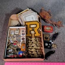 Tray Lot of Military Patches, Religious Medals, Coronation, Antique Hardware and More