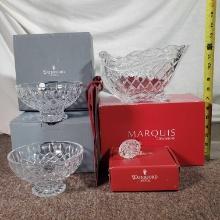 Waterford Crystal Holiday Sleigh, 6 Geese Ornaments and 2 6" Merrilee Bowls, all With Original Boxes
