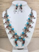 Lovely Sterling Silver Native American Turquoise & Coral Squash Blossom Necklace with Matching