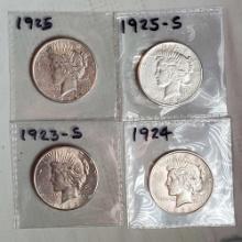 4 US Silver Peace Dollars - 1923-S, 1924, 1925 and 1925-S