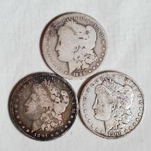 3 Antique US Morgan Silver Dollars -1889-O, 1891-O, and 1900-O