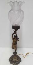 Metal Bronze Finish Chrub Lamp With Etched Glass Shade