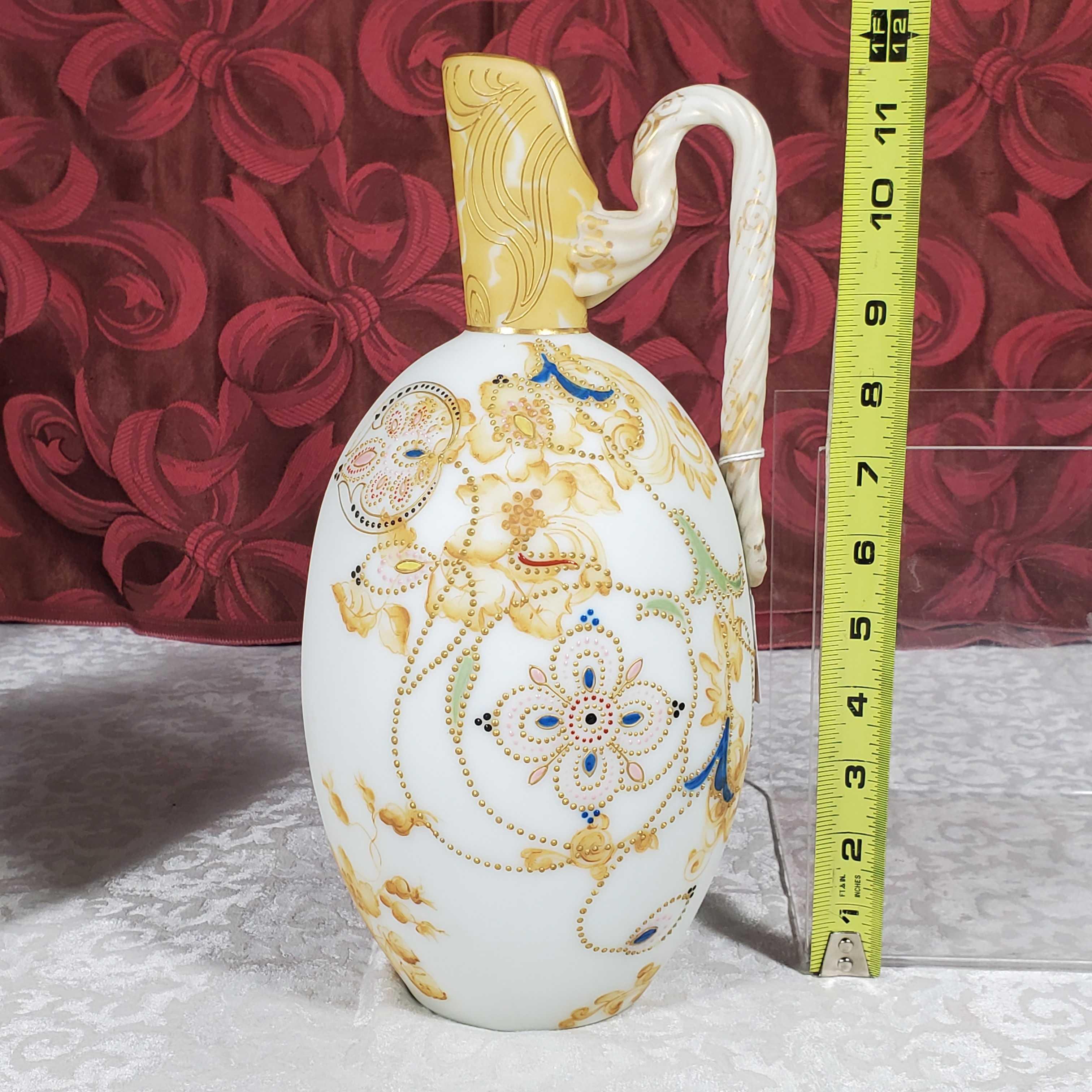 12" Mt Washington Crown Milano Ewer with Twist Handle and Jeweled Decoration