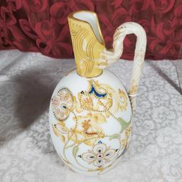 12" Mt Washington Crown Milano Ewer with Twist Handle and Jeweled Decoration
