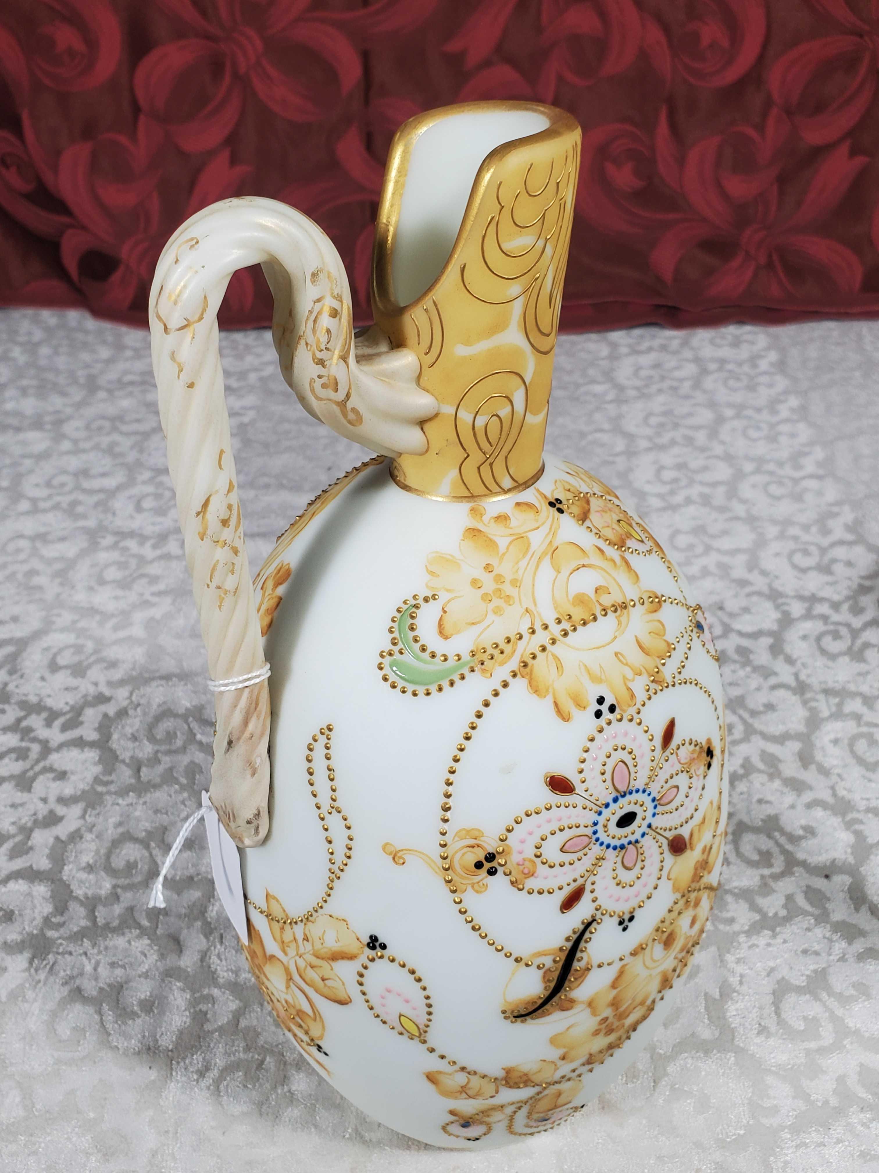 12" Mt Washington Crown Milano Ewer with Twist Handle and Jeweled Decoration