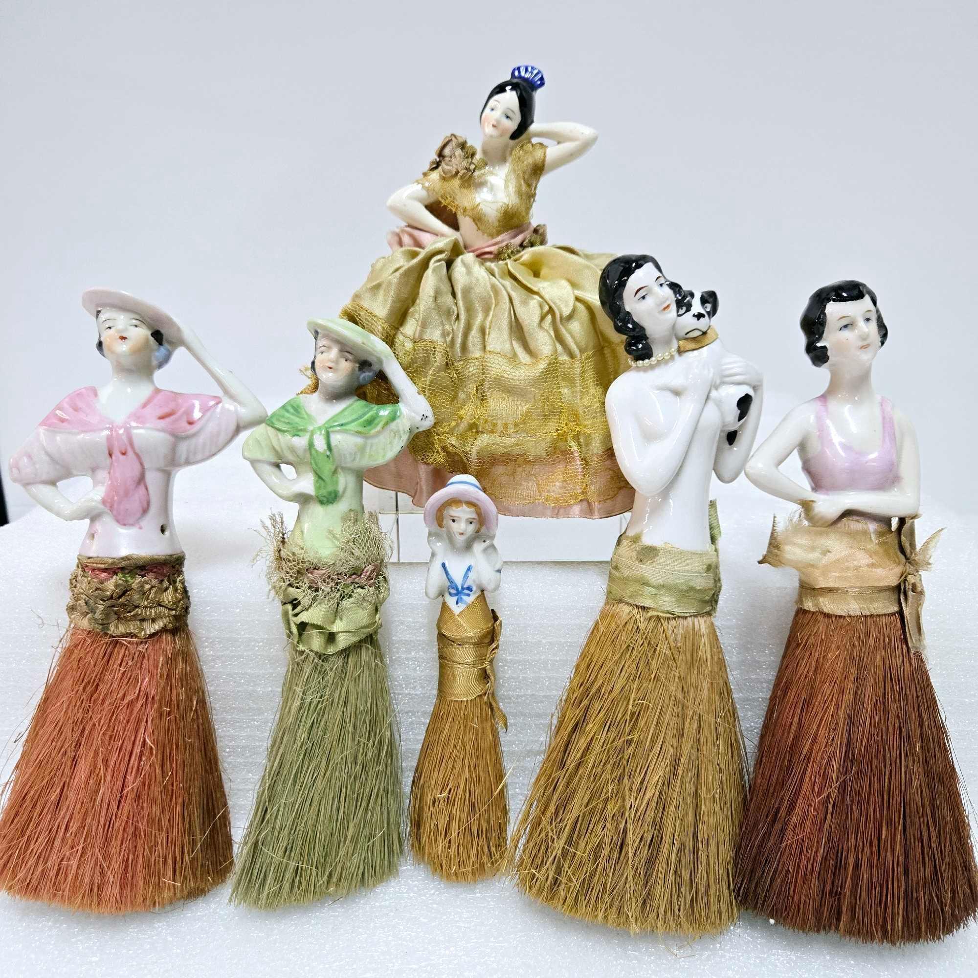 Collection Of Antique Porcelain Half Doll Vanity Brushes