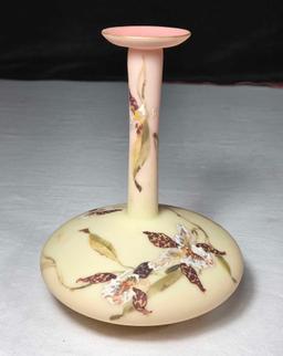 7 1/2" Mount Washington Burmese Glass Orchid Design Wafer Base Vase