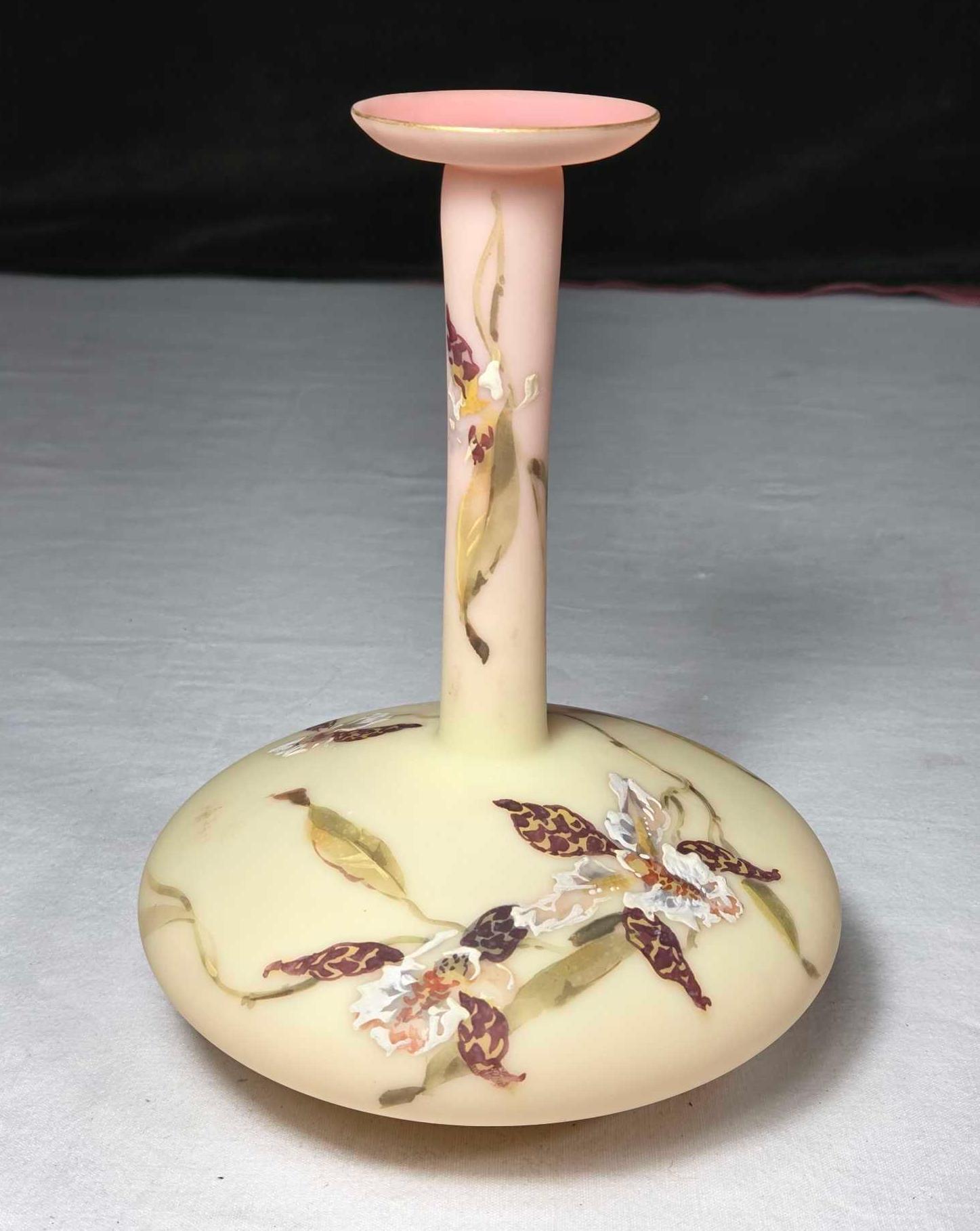 7 1/2" Mount Washington Burmese Glass Orchid Design Wafer Base Vase