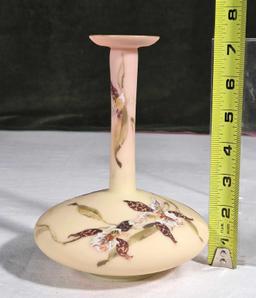 7 1/2" Mount Washington Burmese Glass Orchid Design Wafer Base Vase