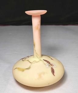 7 1/2" Mount Washington Burmese Glass Orchid Design Wafer Base Vase