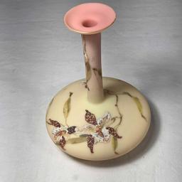 7 1/2" Mount Washington Burmese Glass Orchid Design Wafer Base Vase