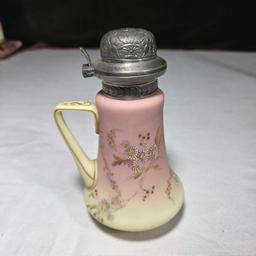 Mt. Washington Burmese Glass 6" Syrup Pitcher with Daisy Design