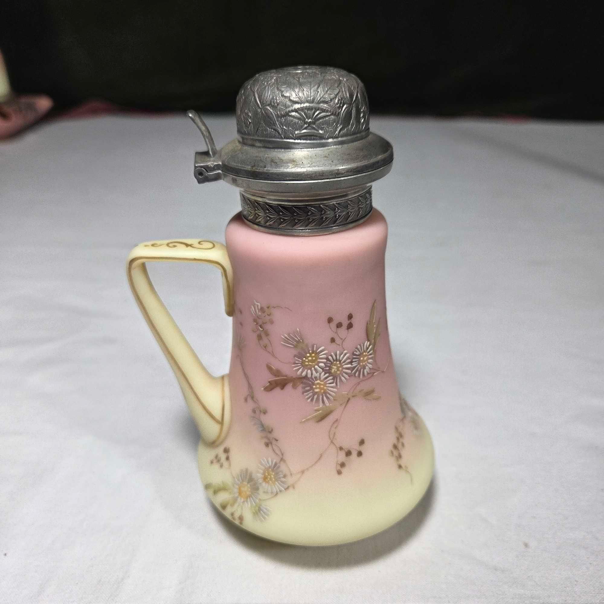 Mt. Washington Burmese Glass 6" Syrup Pitcher with Daisy Design
