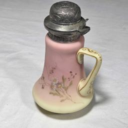 Mt. Washington Burmese Glass 6" Syrup Pitcher with Daisy Design