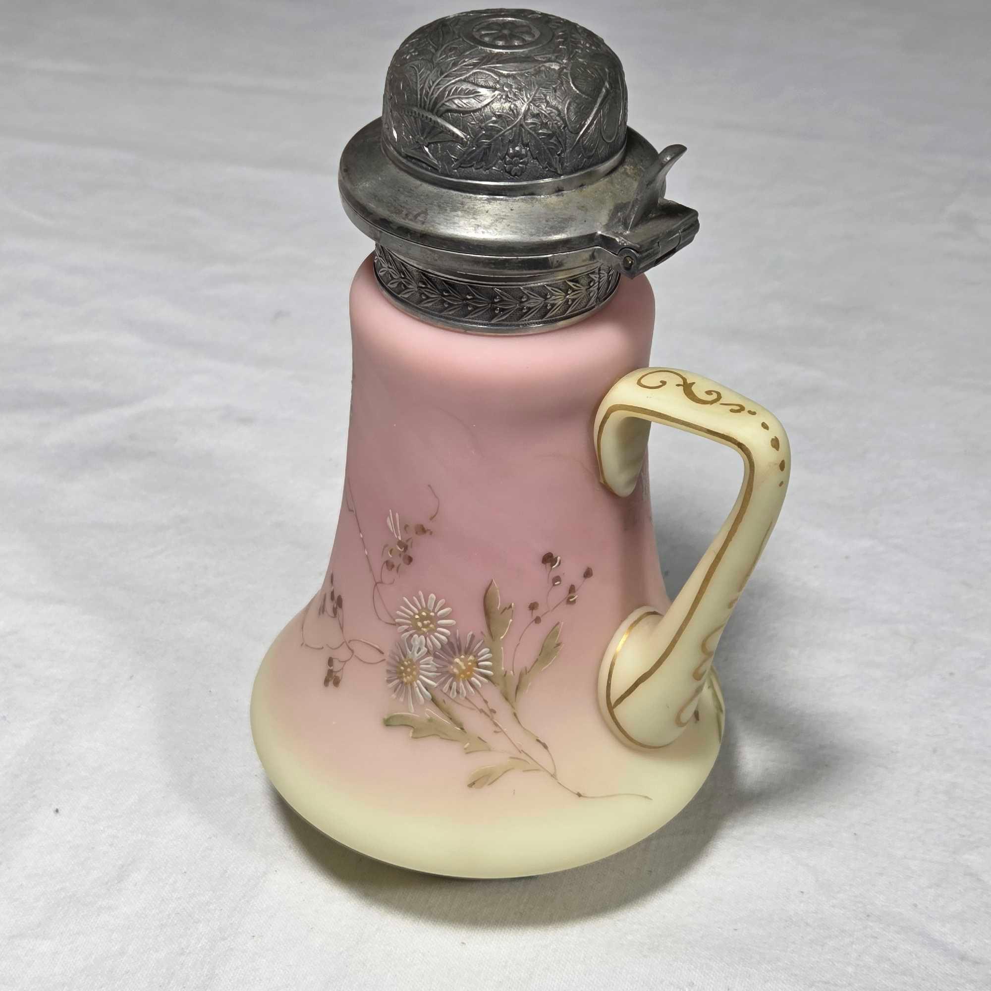 Mt. Washington Burmese Glass 6" Syrup Pitcher with Daisy Design