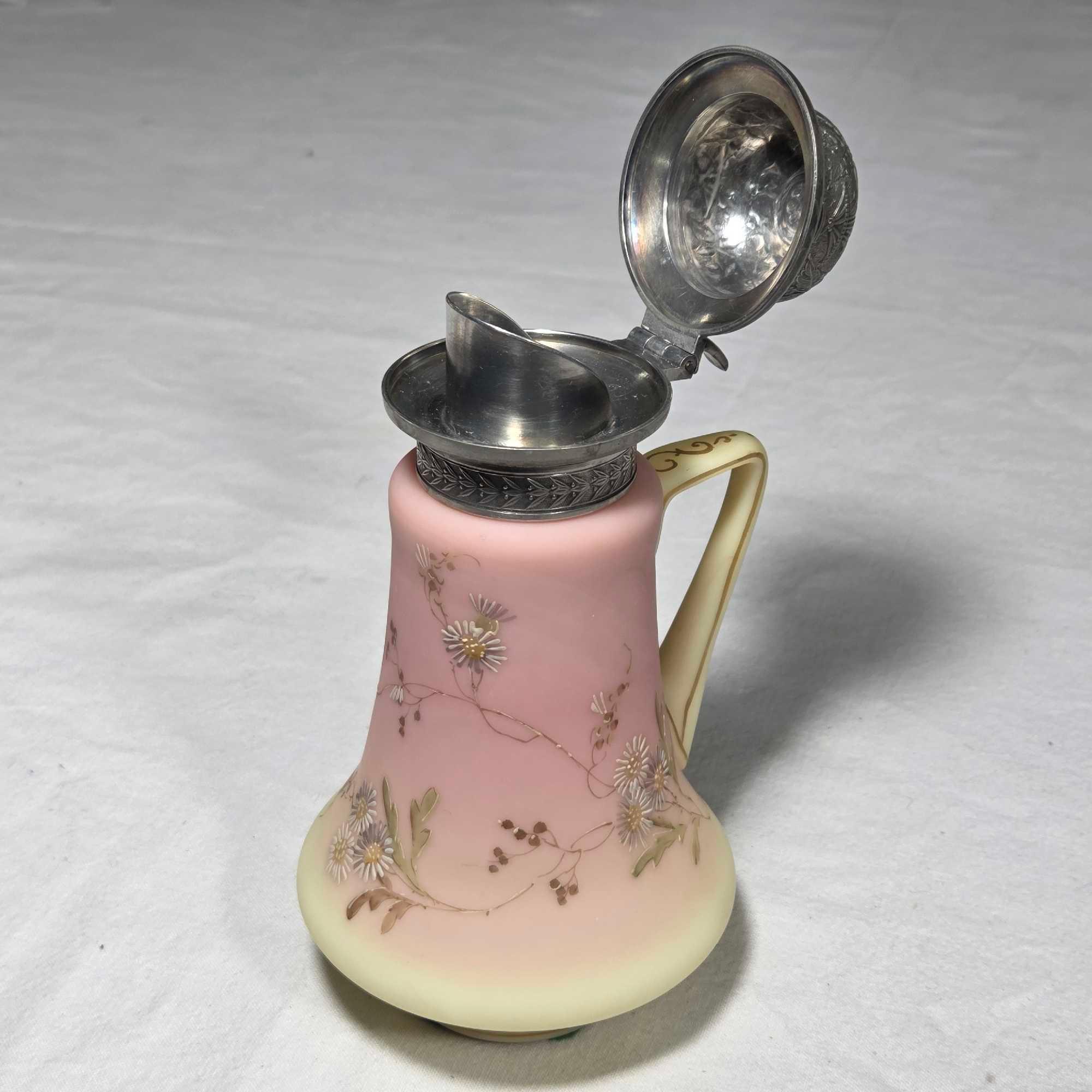 Mt. Washington Burmese Glass 6" Syrup Pitcher with Daisy Design