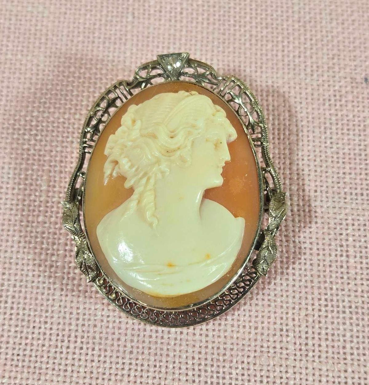 Antique Carved Shell Cameo 14k Gold Pin with Diamond