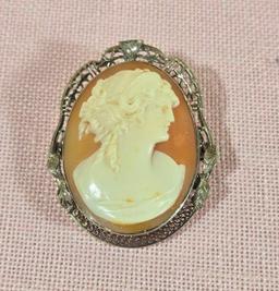 Antique Carved Shell Cameo 14k Gold Pin with Diamond