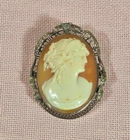 Antique Carved Shell Cameo 14k Gold Pin with Diamond