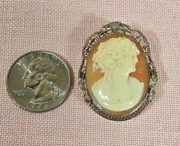 Antique Carved Shell Cameo 14k Gold Pin with Diamond