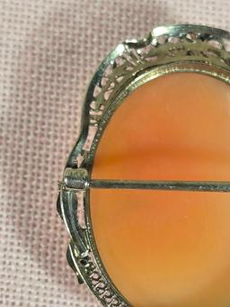 Antique Carved Shell Cameo 14k Gold Pin with Diamond
