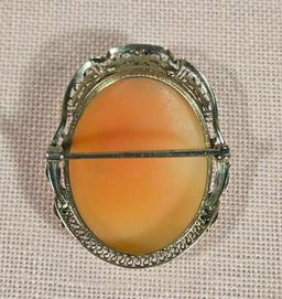 Antique Carved Shell Cameo 14k Gold Pin with Diamond