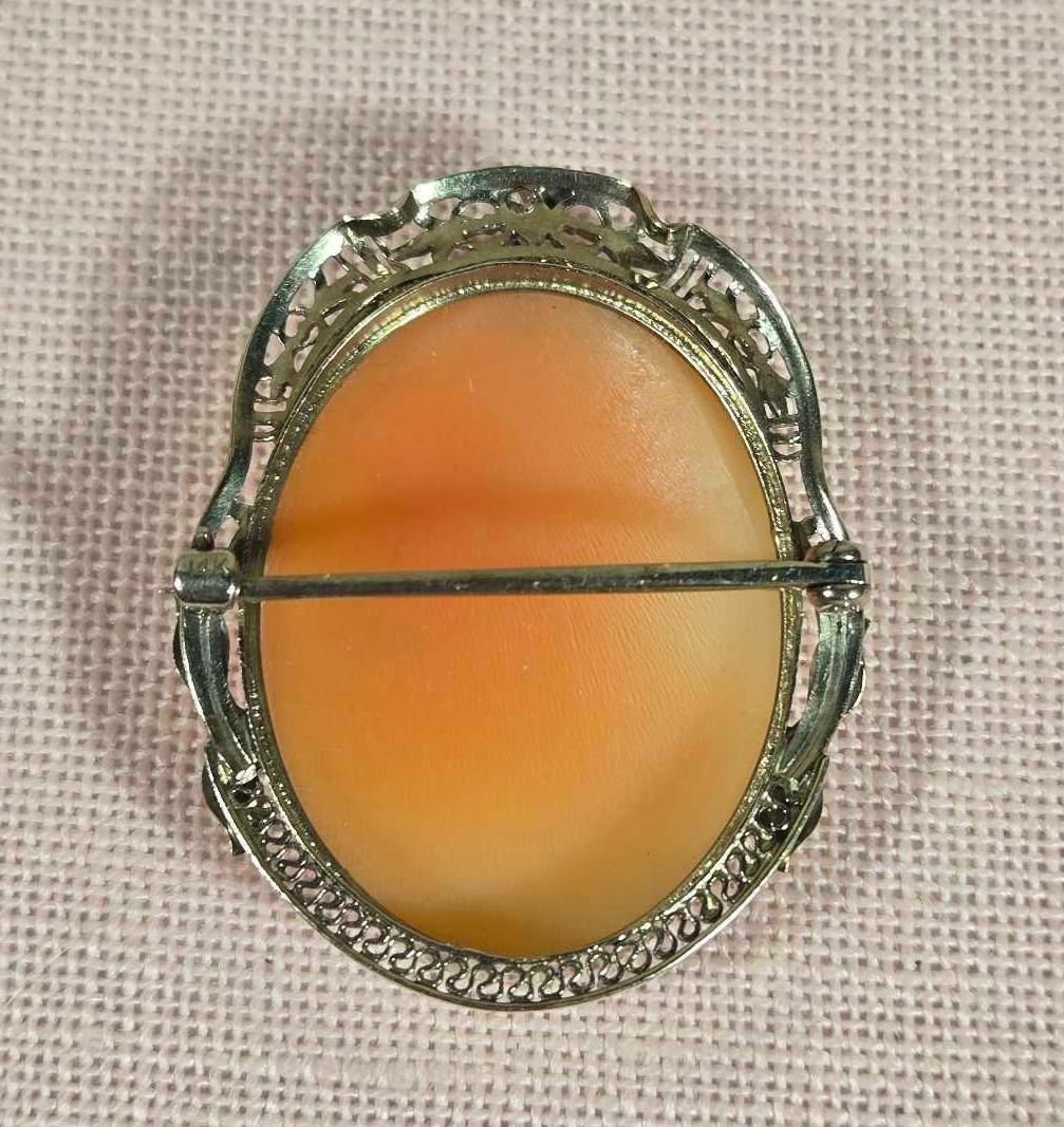 Antique Carved Shell Cameo 14k Gold Pin with Diamond