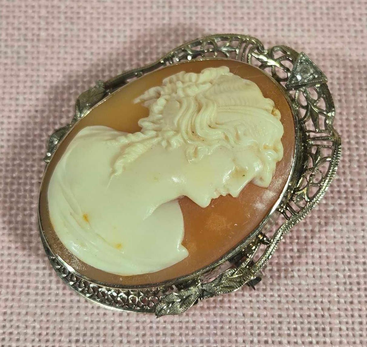 Antique Carved Shell Cameo 14k Gold Pin with Diamond
