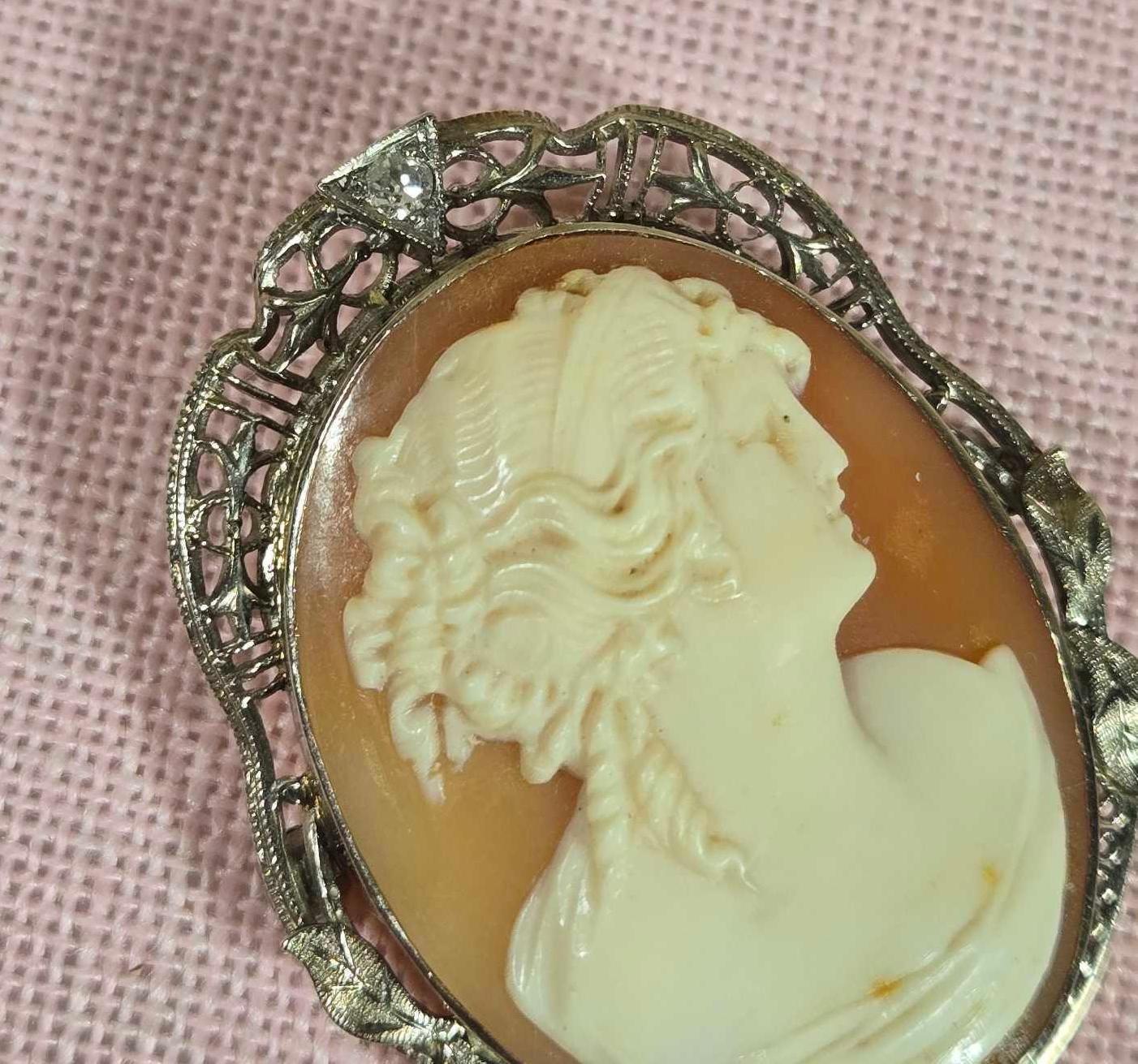 Antique Carved Shell Cameo 14k Gold Pin with Diamond