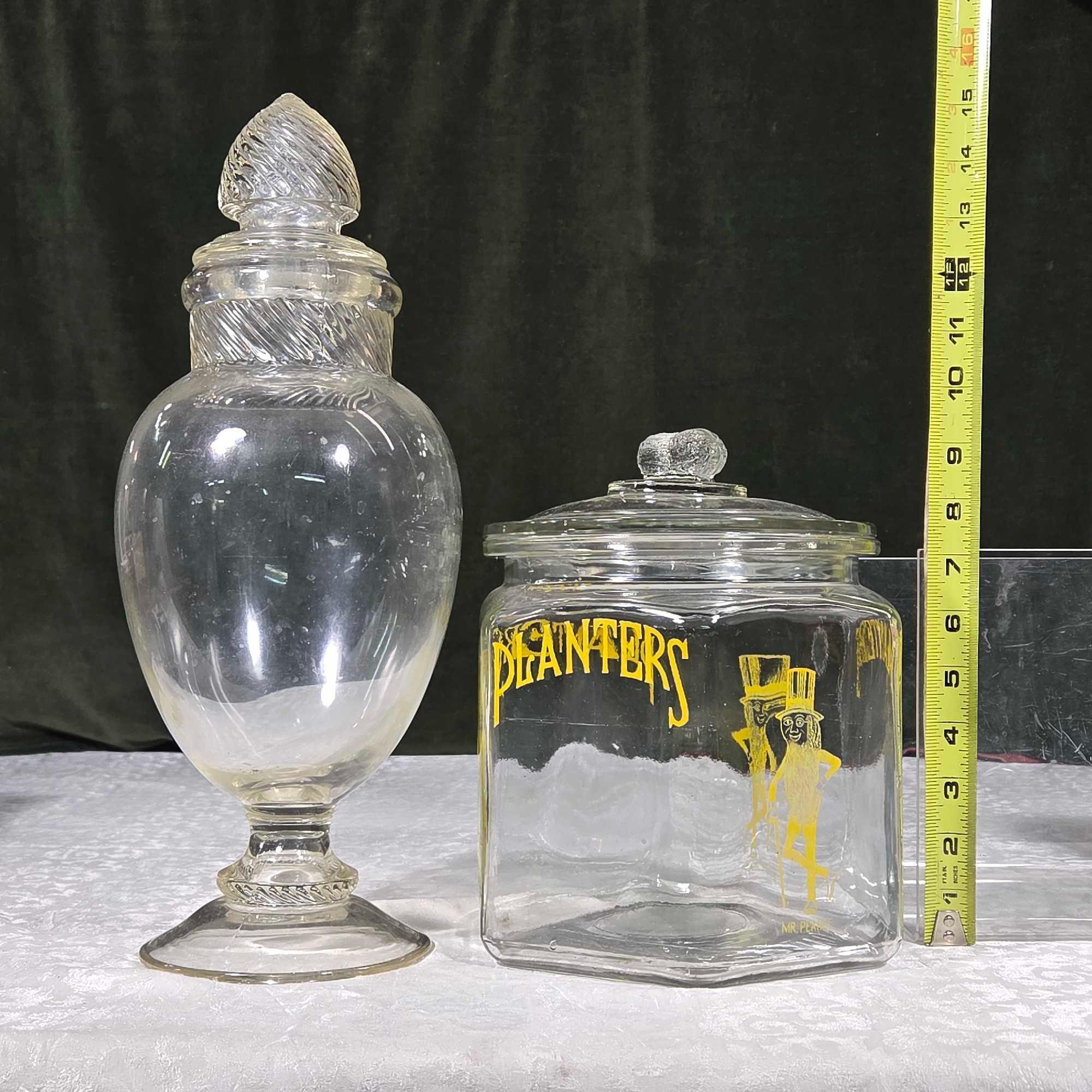 * 2 Vintage Lidded Glass General Store Containers