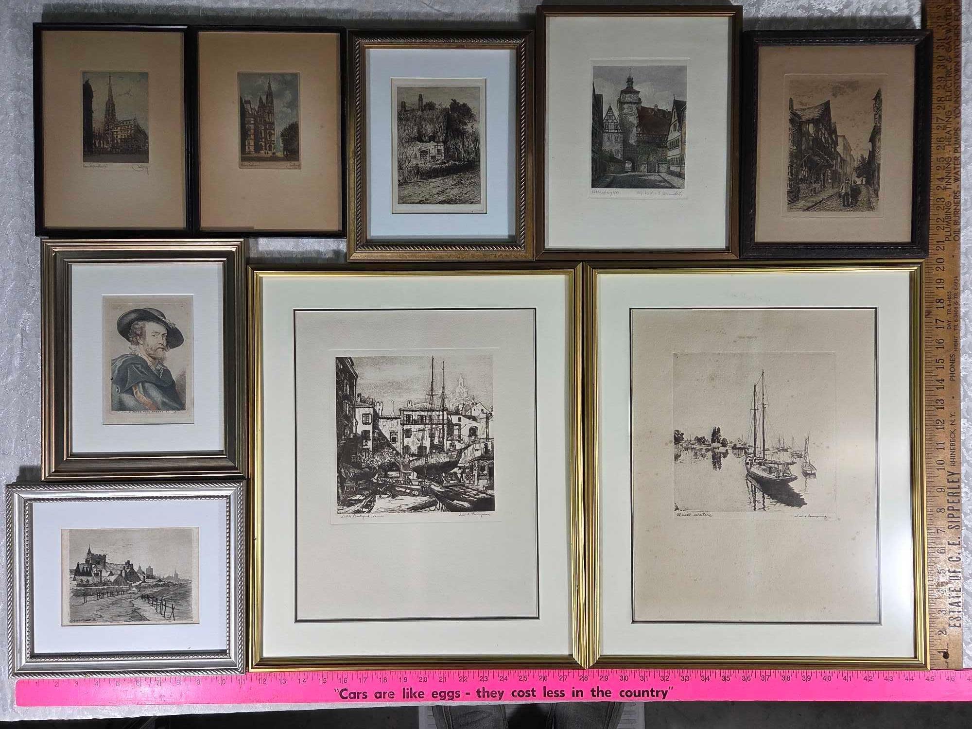 * 9 Antique European Etchings incl 2 Lionel Barrimore and Several 1800s
