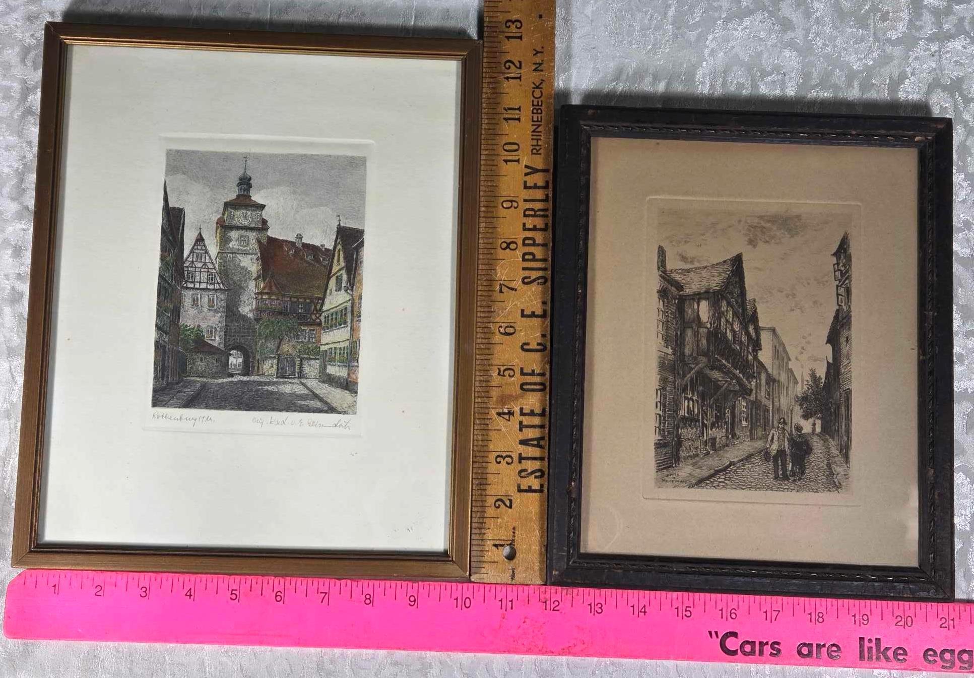 * 9 Antique European Etchings incl 2 Lionel Barrimore and Several 1800s