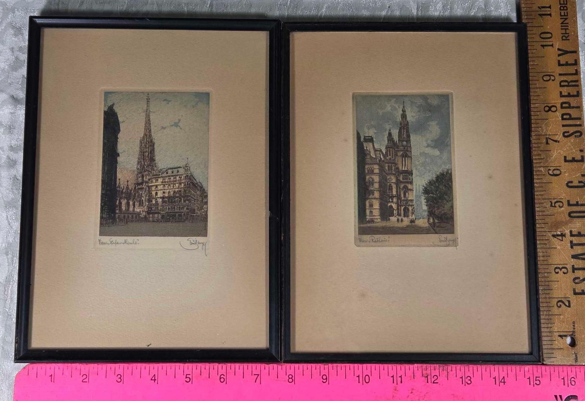 * 9 Antique European Etchings incl 2 Lionel Barrimore and Several 1800s