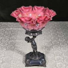 MOP Air Trap Satin Glass Brides Bowl with Enamel Accent Decorations on SP Cherub Stand