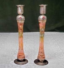 Pair of Signed Sherman Art Works Art Glass with Sterling Silver Candlesticks