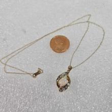 10K Yellow Gold 17" Fine Chain Necklace With 10K Yellow Gold, Dianmond & Opal Pendant
