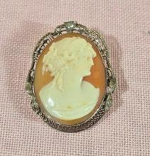 Antique Carved Shell Cameo 14k Gold Pin with Diamond