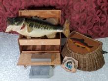 Fishing Creel, Wooden Tackle Box, Mounted Bass and More